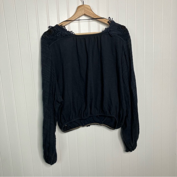 Free People Top Desert Sands Black Embroidered Fringe Boho Peasant Shirt Casual - Picture 9 of 10